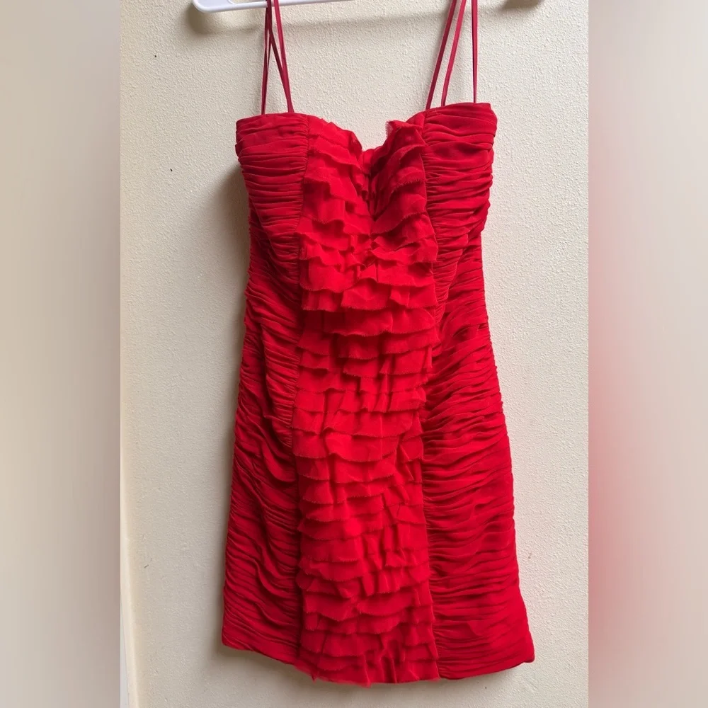 Caché Red Ruffle Mini Dress - Size 4 - Elegant Cocktail Party Dress - Picture 1 of 4